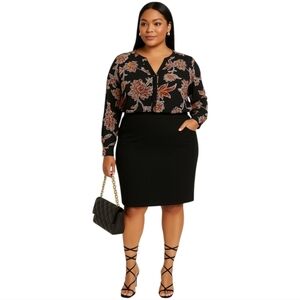 Liz Claiborne Women's Floral Black Orange Beige Cami Set Sheer Blouse 2X
